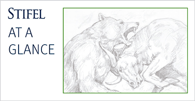 Stifel at a Glance thumbnail with sketch of the "Forces" statue of a bear and bull by Harry Weber